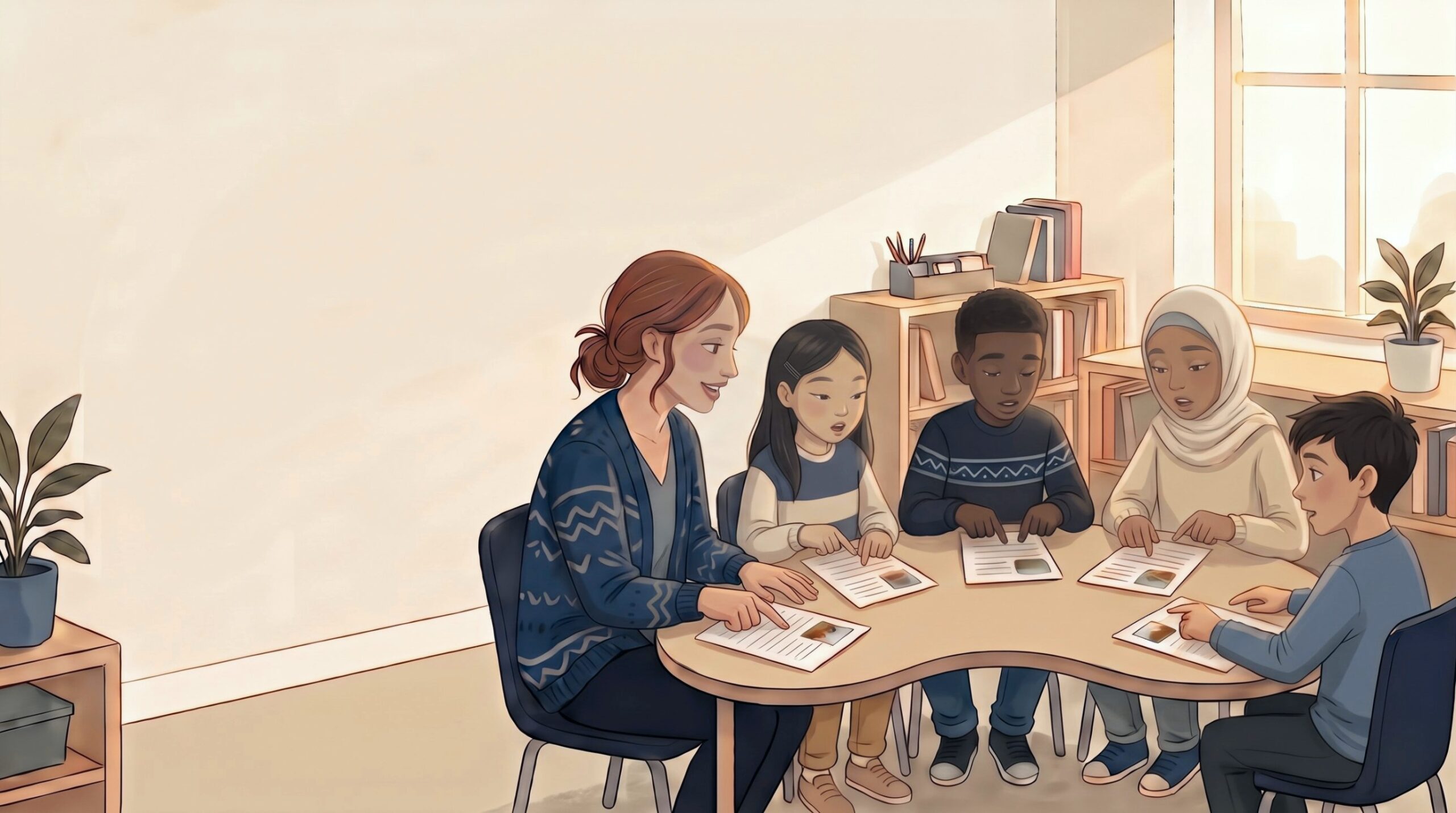 A teacher and four students at a small table, each pointing to their own page as they read together.
